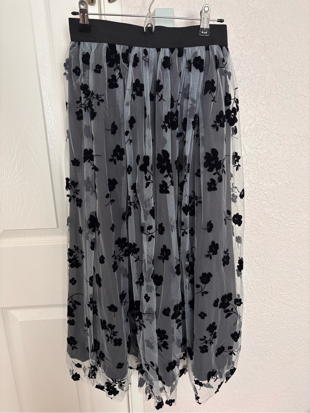 SHEIN Black Floral Mesh Maxi Skirt with Sheer Overlay